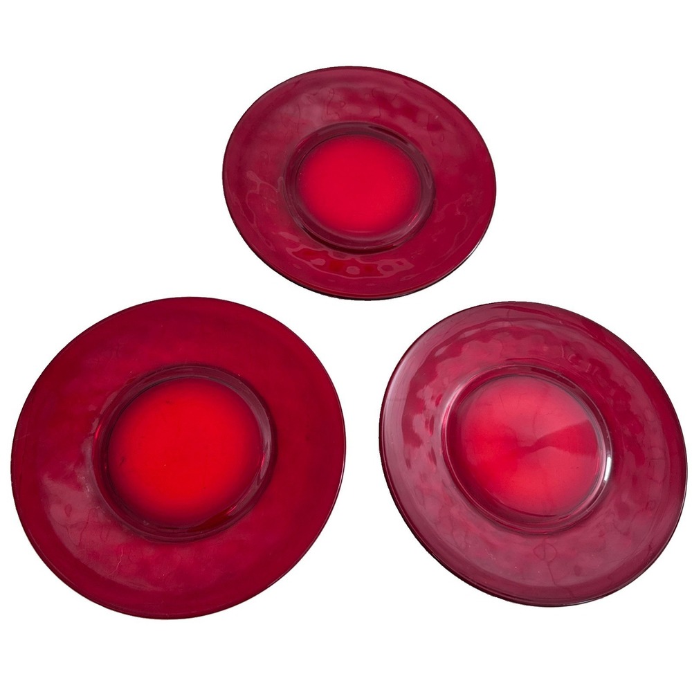 Georgian Ruby Red Glass  Luncheon Plates: Set of 3 Honeycomb 8.5in Circa 1900-10